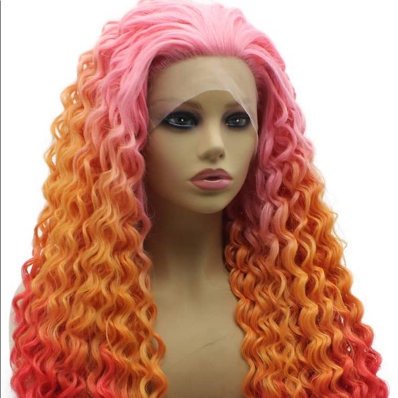 💫 24”  PINK RED ORANGE OMBRE KINKY CURLY
 LACE FRONT WIG💫 *NEW*
🆕🆕🆕 - Picture 5 of 8